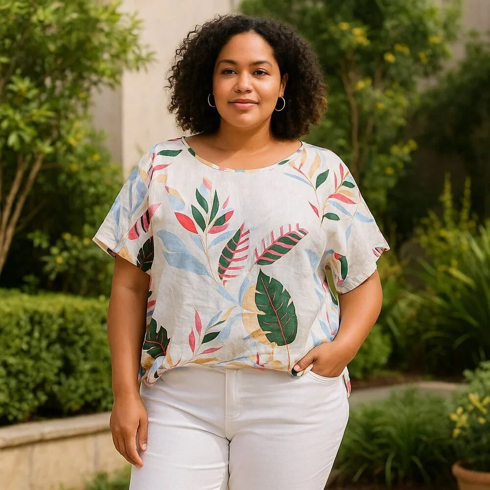 Cynthia Rowley Plus 3X Linen Blouse Top White Floral Leaf Print Tunic - Picture 1 of 8